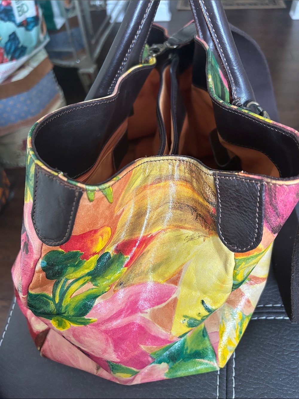 Maurizio Taiuti Floral Leather Tote in Yellow, Pink & Green - Picture 12 of 12